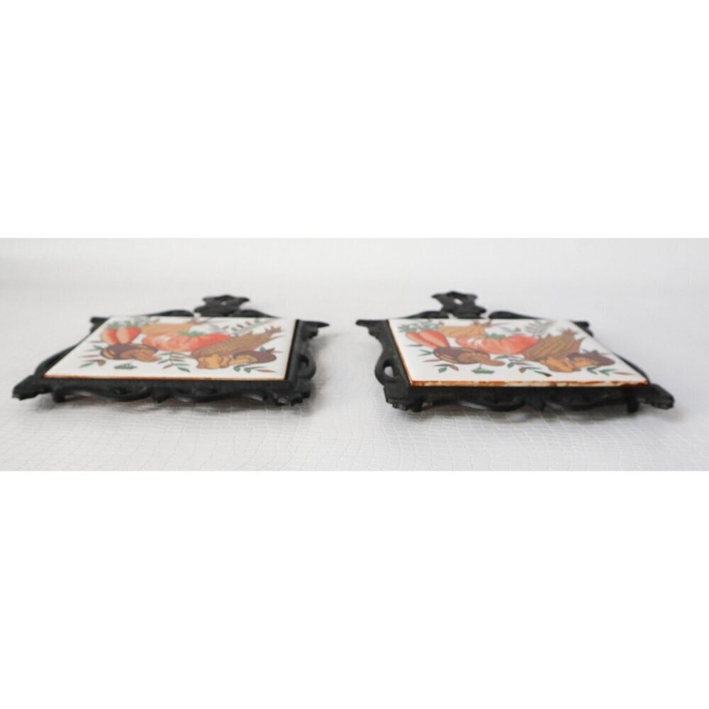 2 Vintage Cast Iron Tile Trivets Harvest Theme 1970s - Picture 4 of 4